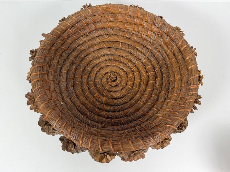 Vintage Hand Woven Coiled Longleaf Pine Needle Shallow Decorative Basket Adorned With Pinecone Border 13'W X 4.5'H [Photo 5]