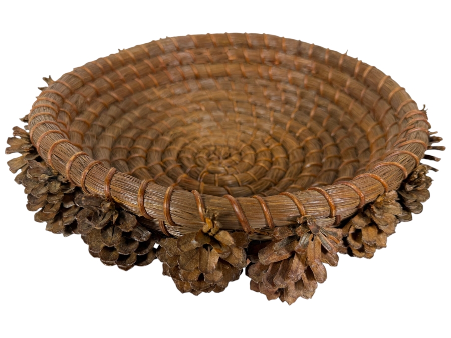 Vintage Hand Woven Coiled Longleaf Pine Needle Shallow Decorative Basket Adorned With Pinecone Border 13'W X 4.5'H