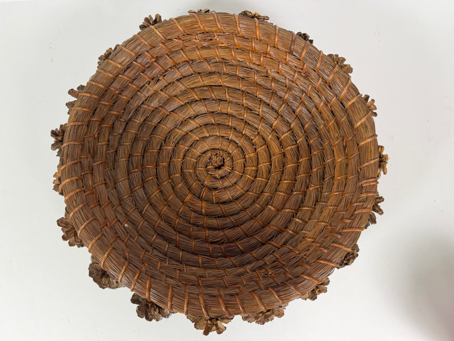 Vintage Hand Woven Coiled Longleaf Pine Needle Shallow Decorative Basket Adorned With Pinecone Border 13'W X 4.5'H [Photo 4]