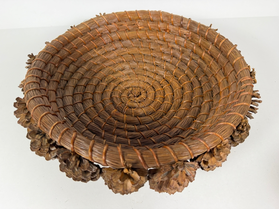 Vintage Hand Woven Coiled Longleaf Pine Needle Shallow Decorative Basket Adorned With Pinecone Border 13'W X 4.5'H [Photo 3]