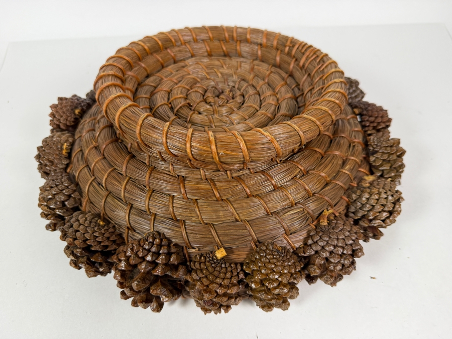 Vintage Hand Woven Coiled Longleaf Pine Needle Shallow Decorative Basket Adorned With Pinecone Border 13'W X 4.5'H [Photo 7]