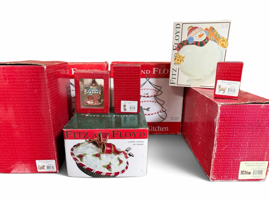 Eight Piece Lot of Vintage Fitz And Floyd Christmas Ceramic Holiday Tableware And Ornaments In Original Boxes