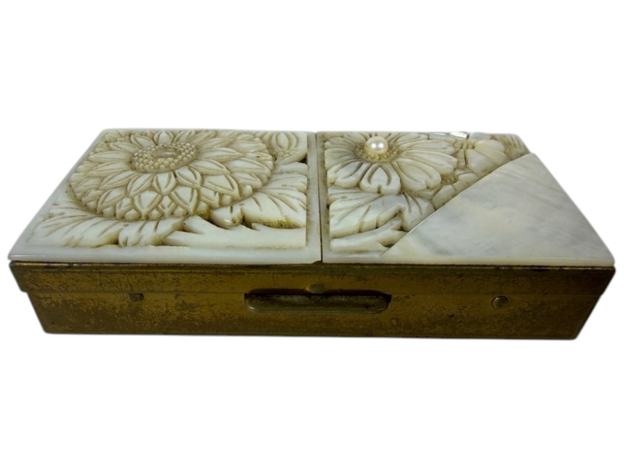 Vintage Mid-Century Brass Schildkraut Hand Carved Genuine Mother Of Pearl Cultured Pearl Inlay Compact Box 3.5'W X 1.5'D X 1'H [Photo 2]