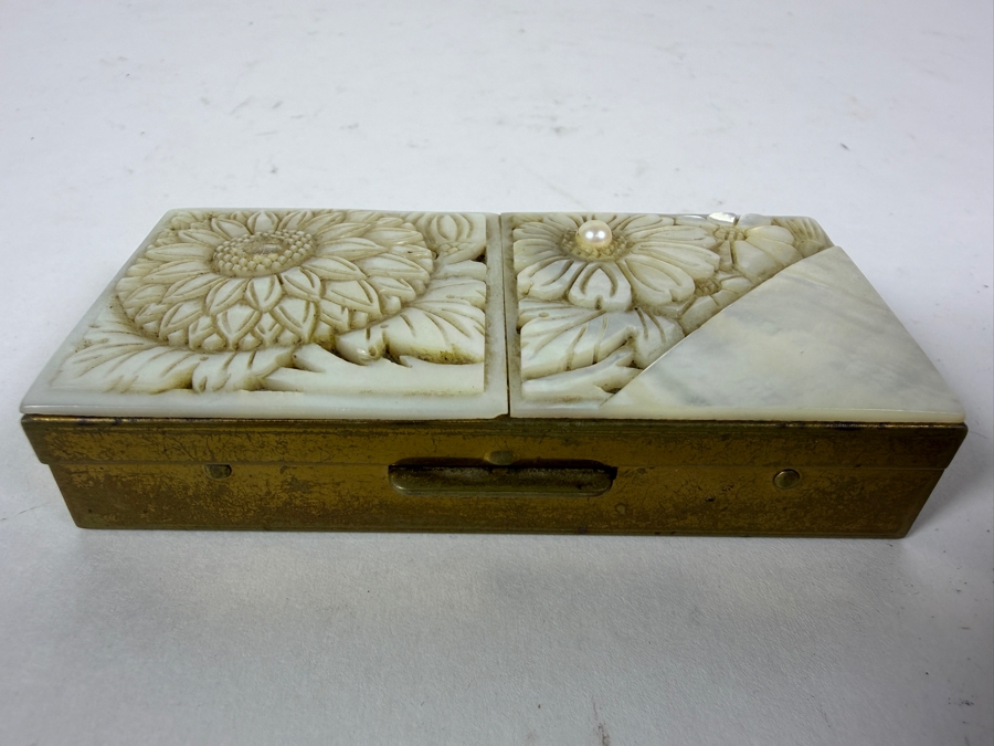 Vintage Mid-Century Brass Schildkraut Hand Carved Genuine Mother Of Pearl Cultured Pearl Inlay Compact Box 3.5'W X 1.5'D X 1'H [Photo 7]