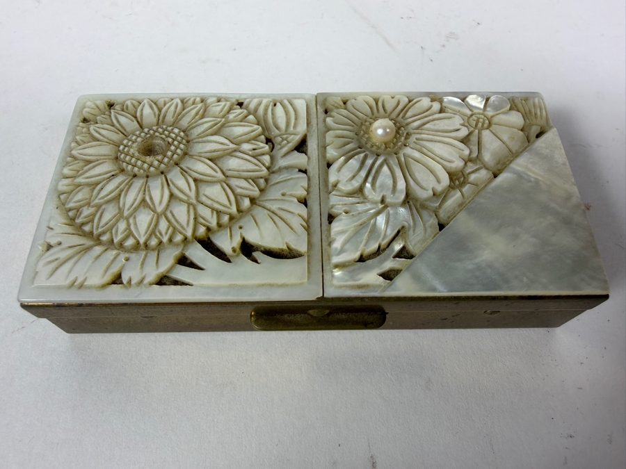 Vintage Mid-Century Brass Schildkraut Hand Carved Genuine Mother Of Pearl Cultured Pearl Inlay Compact Box 3.5'W X 1.5'D X 1'H [Photo 3]