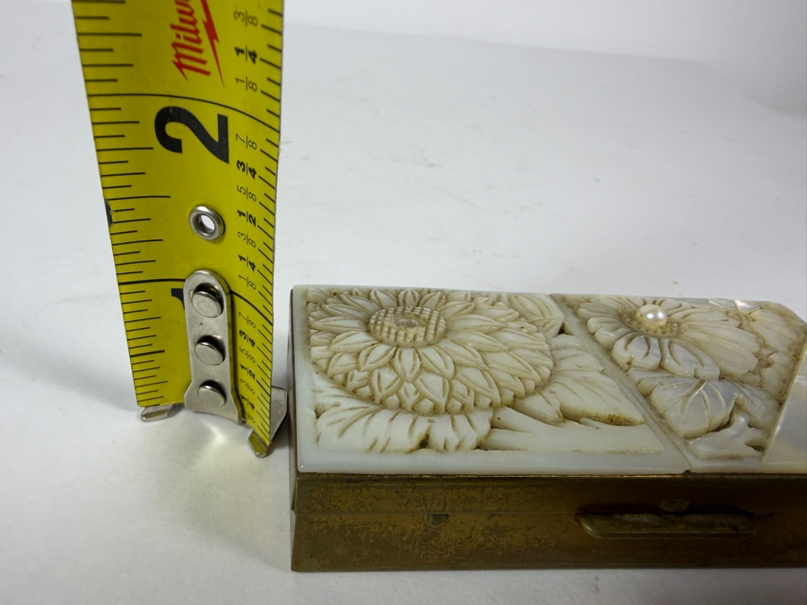 Vintage Mid-Century Brass Schildkraut Hand Carved Genuine Mother Of Pearl Cultured Pearl Inlay Compact Box 3.5'W X 1.5'D X 1'H [Photo 13]