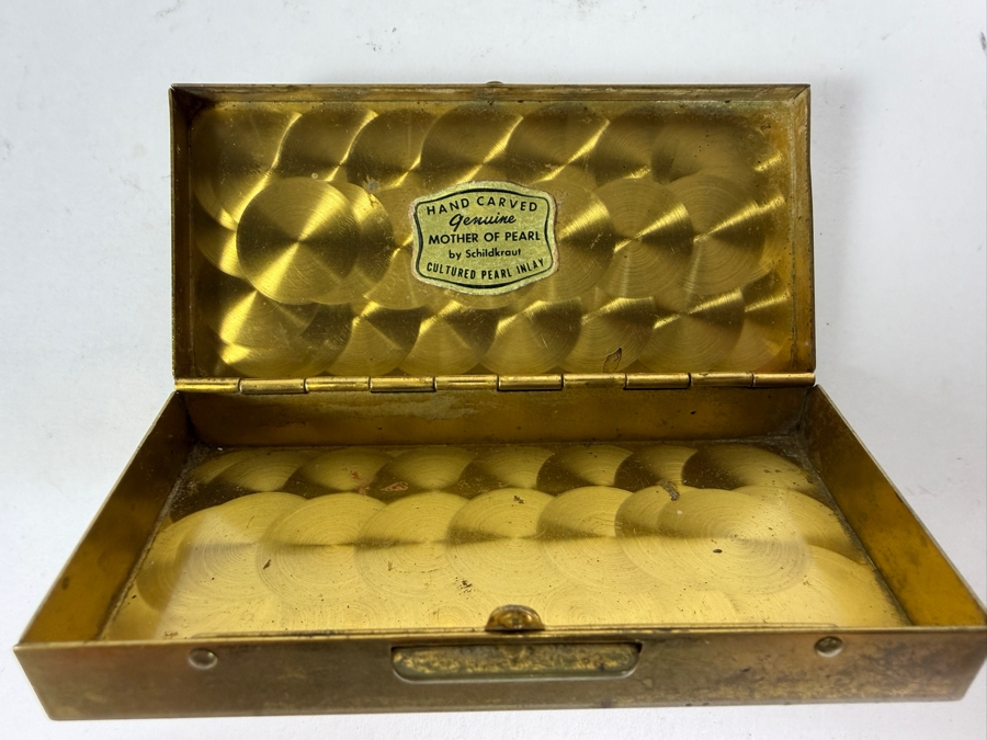 Vintage Mid-Century Brass Schildkraut Hand Carved Genuine Mother Of Pearl Cultured Pearl Inlay Compact Box 3.5'W X 1.5'D X 1'H [Photo 8]