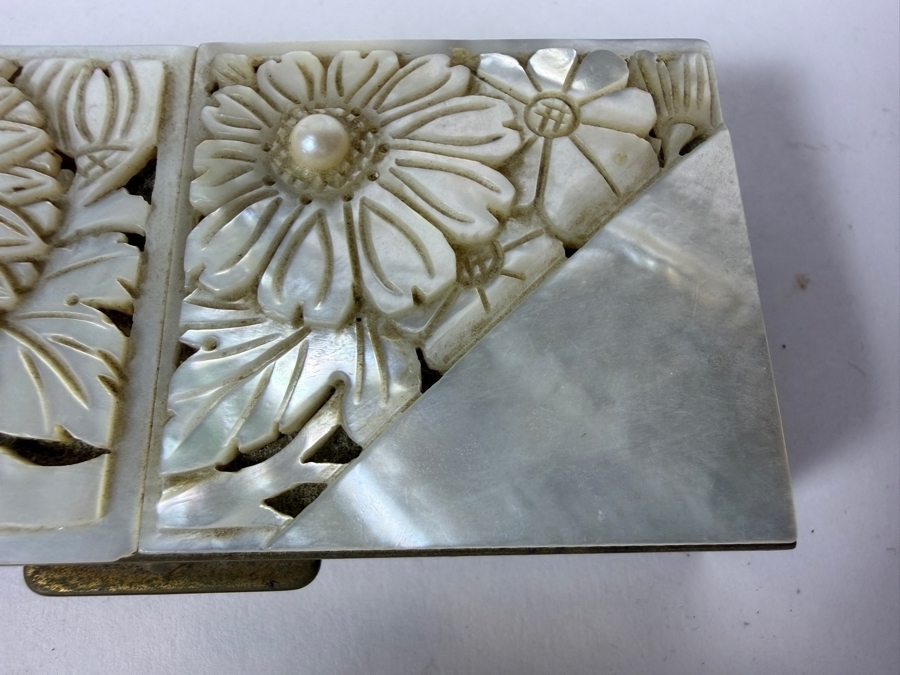 Vintage Mid-Century Brass Schildkraut Hand Carved Genuine Mother Of Pearl Cultured Pearl Inlay Compact Box 3.5'W X 1.5'D X 1'H [Photo 6]