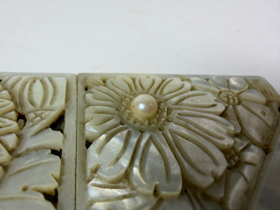 Vintage Mid-Century Brass Schildkraut Hand Carved Genuine Mother Of Pearl Cultured Pearl Inlay Compact Box 3.5'W X 1.5'D X 1'H [Photo 10]