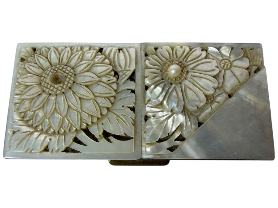 Vintage Mid-Century Brass Schildkraut Hand Carved Genuine Mother Of Pearl Cultured Pearl Inlay Compact Box 3.5'W X 1.5'D X 1'H