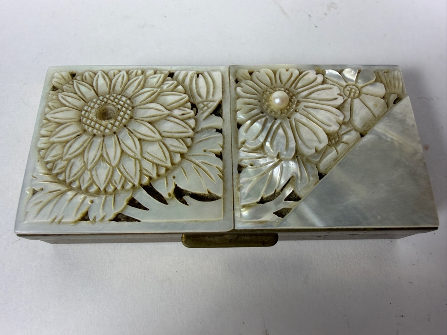 Vintage Mid-Century Brass Schildkraut Hand Carved Genuine Mother Of Pearl Cultured Pearl Inlay Compact Box 3.5'W X 1.5'D X 1'H [Photo 4]