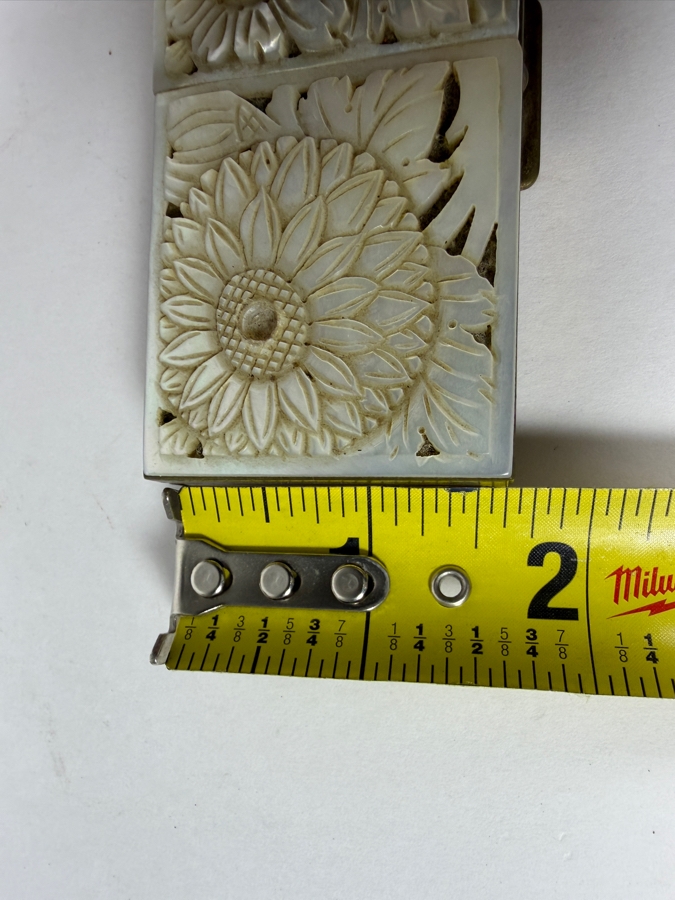 Vintage Mid-Century Brass Schildkraut Hand Carved Genuine Mother Of Pearl Cultured Pearl Inlay Compact Box 3.5'W X 1.5'D X 1'H [Photo 12]