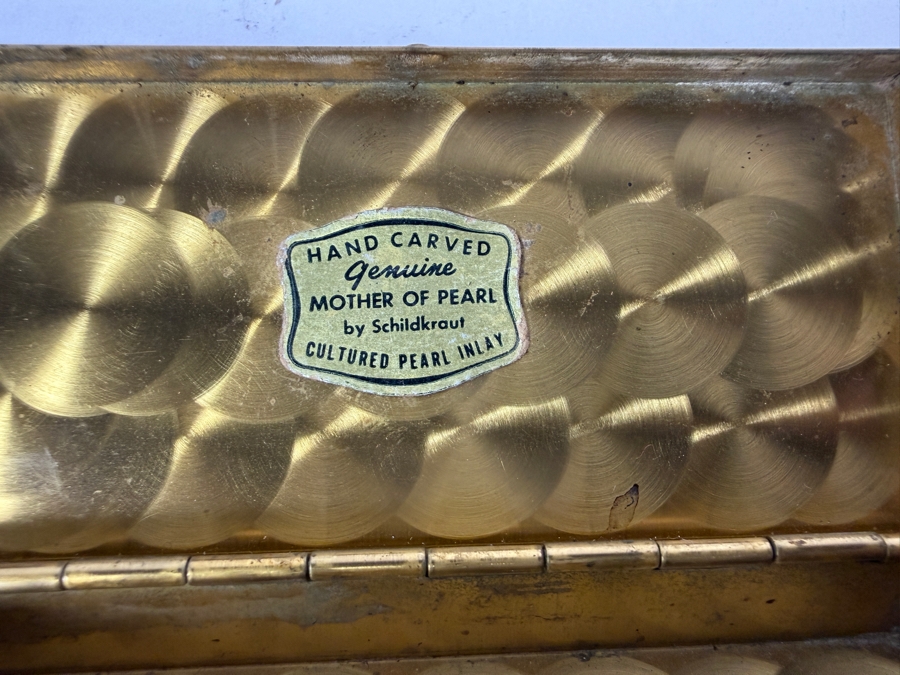 Vintage Mid-Century Brass Schildkraut Hand Carved Genuine Mother Of Pearl Cultured Pearl Inlay Compact Box 3.5'W X 1.5'D X 1'H [Photo 9]
