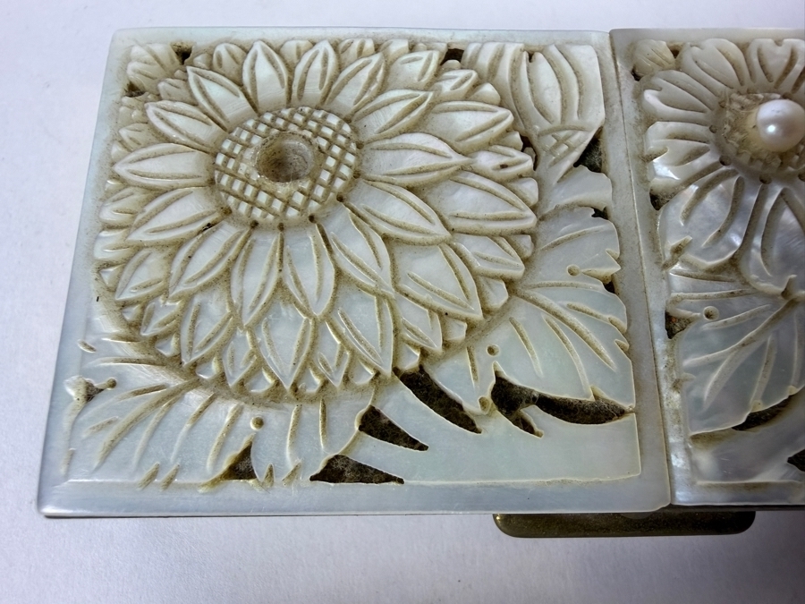 Vintage Mid-Century Brass Schildkraut Hand Carved Genuine Mother Of Pearl Cultured Pearl Inlay Compact Box 3.5'W X 1.5'D X 1'H [Photo 5]