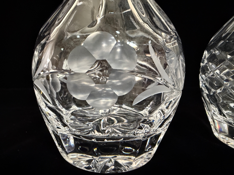 Set Of 2 Vintage Gorham Crystal Glen Mist Hand Cut And Etched Floral Liquor Decanters With Faceted Stoppers 10.5'H [Photo 3]
