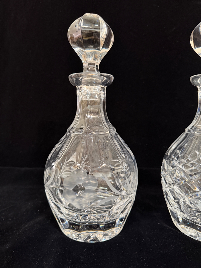 Set Of 2 Vintage Gorham Crystal Glen Mist Hand Cut And Etched Floral Liquor Decanters With Faceted Stoppers 10.5'H [Photo 2]
