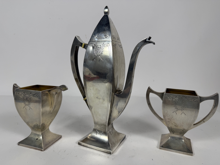 Three Piece Antique Art Deco Solid Sterling Silver Coffee Service Set by Rockwell Silver Company 4'H - 9.5'H 568.5g (Silver Melt Value $1,114) [Photo 2]