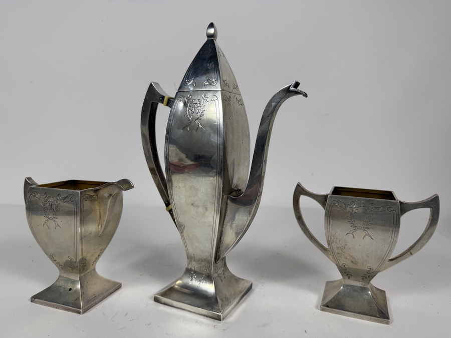 Three Piece Antique Art Deco Solid Sterling Silver Coffee Service Set by Rockwell Silver Company 4'H - 9.5'H 568.5g (Silver Melt Value $1,114) [Photo 3]