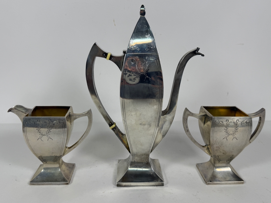 Three Piece Antique Art Deco Solid Sterling Silver Coffee Service Set by Rockwell Silver Company 4'H - 9.5'H 568.5g (Silver Melt Value $1,114) [Photo 4]