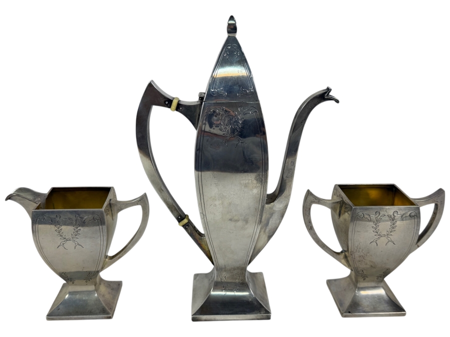 Three Piece Antique Art Deco Solid Sterling Silver Coffee Service Set by Rockwell Silver Company 4'H - 9.5'H 568.5g (Silver Melt Value $1,114)