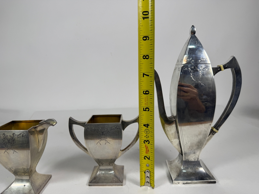Three Piece Antique Art Deco Solid Sterling Silver Coffee Service Set by Rockwell Silver Company 4'H - 9.5'H 568.5g (Silver Melt Value $1,114) [Photo 13]