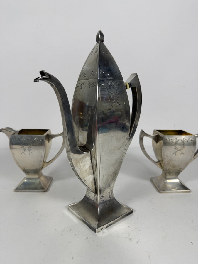 Three Piece Antique Art Deco Solid Sterling Silver Coffee Service Set by Rockwell Silver Company 4'H - 9.5'H 568.5g (Silver Melt Value $1,114) [Photo 10]