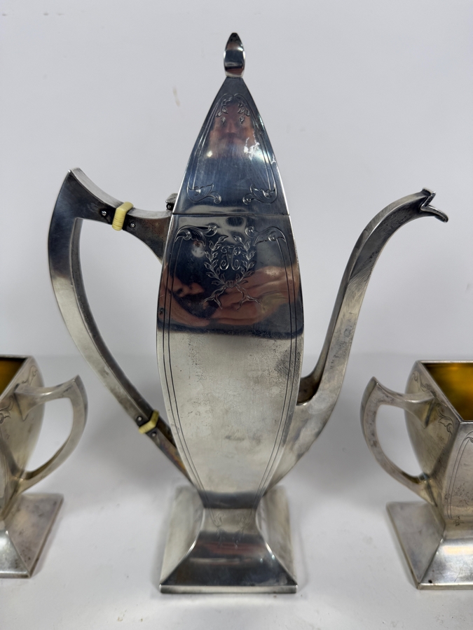 Three Piece Antique Art Deco Solid Sterling Silver Coffee Service Set by Rockwell Silver Company 4'H - 9.5'H 568.5g (Silver Melt Value $1,114) [Photo 5]