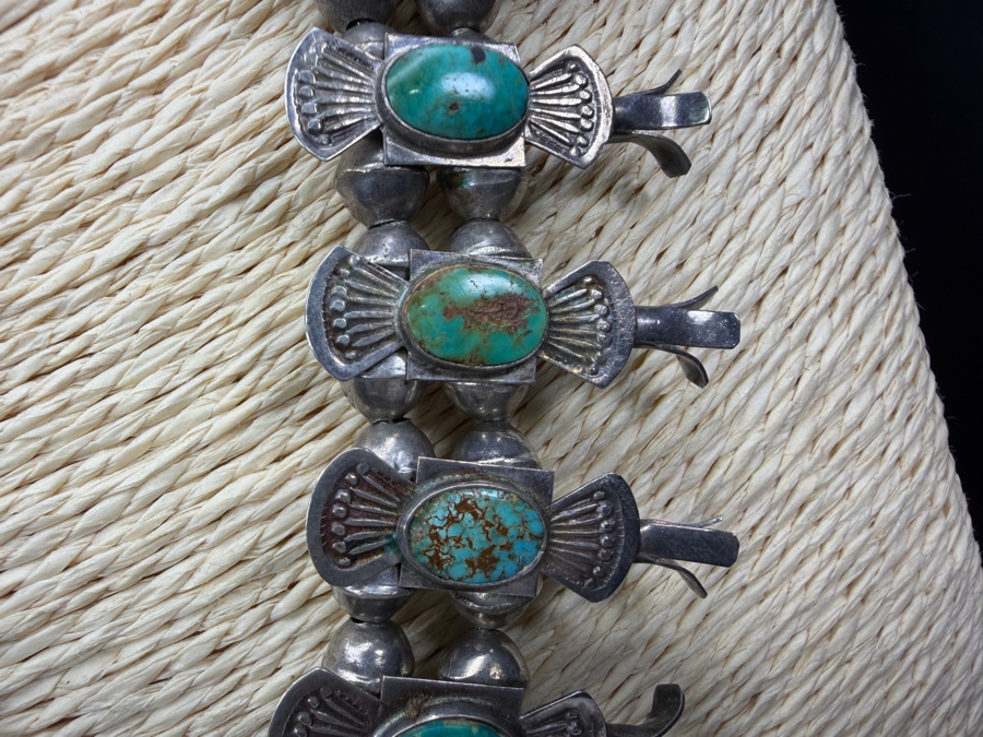Antique Navajo Turquoise Sterling Silver Box Bow Squash Blossom Necklace 20'L 88.4g [Photo 6]