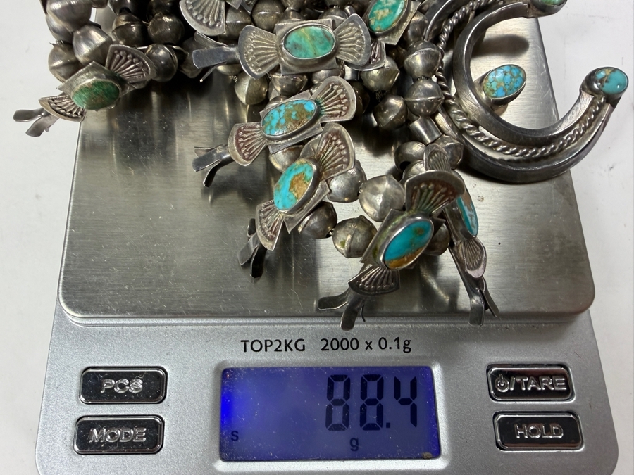 Antique Navajo Turquoise Sterling Silver Box Bow Squash Blossom Necklace 20'L 88.4g [Photo 13]