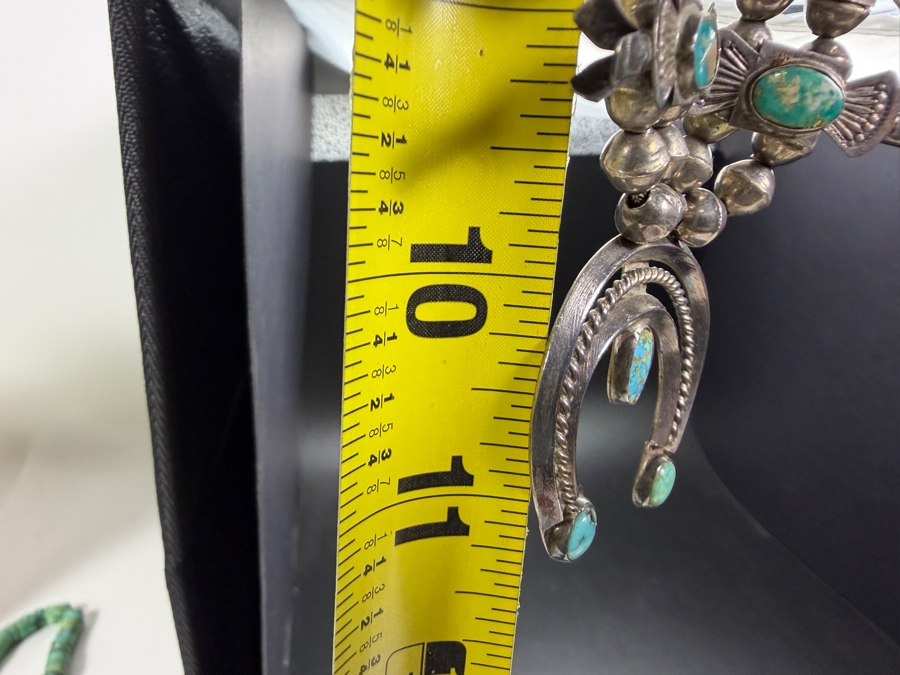 Antique Navajo Turquoise Sterling Silver Box Bow Squash Blossom Necklace 20'L 88.4g [Photo 12]