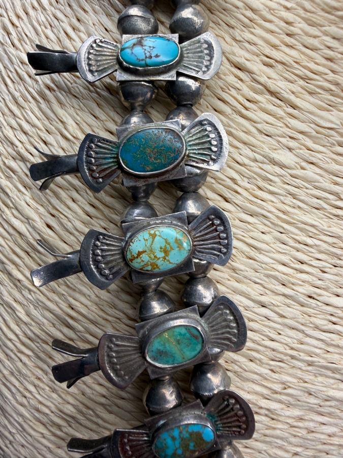 Antique Navajo Turquoise Sterling Silver Box Bow Squash Blossom Necklace 20'L 88.4g [Photo 7]