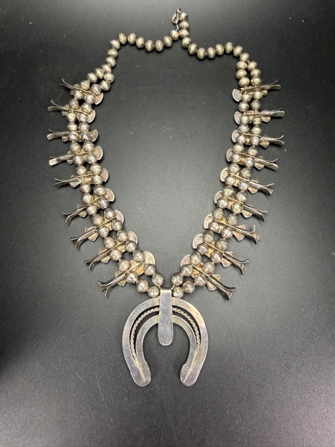 Antique Navajo Turquoise Sterling Silver Box Bow Squash Blossom Necklace 20'L 88.4g [Photo 10]