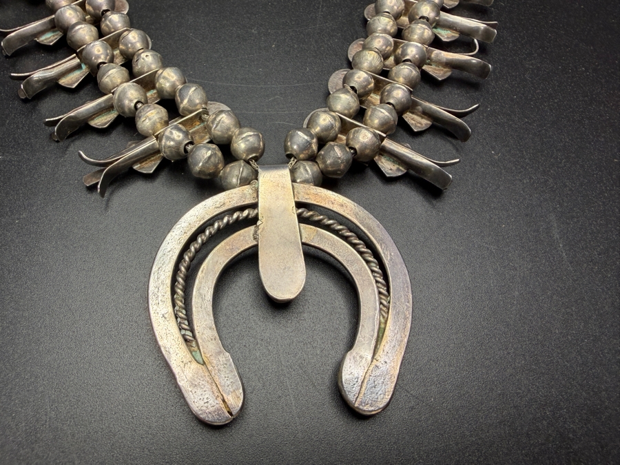 Antique Navajo Turquoise Sterling Silver Box Bow Squash Blossom Necklace 20'L 88.4g [Photo 9]