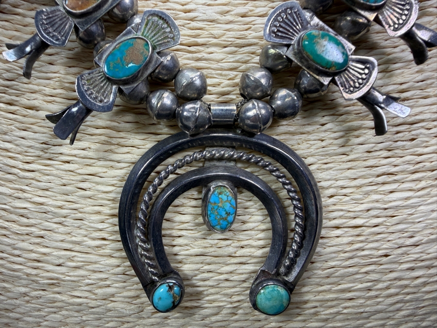 Antique Navajo Turquoise Sterling Silver Box Bow Squash Blossom Necklace 20'L 88.4g [Photo 4]