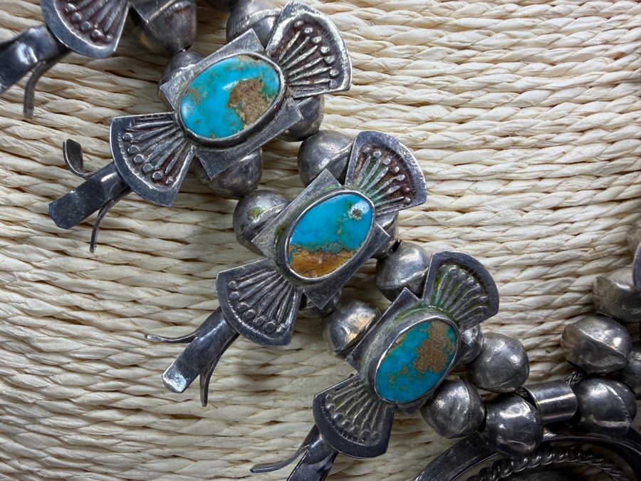Antique Navajo Turquoise Sterling Silver Box Bow Squash Blossom Necklace 20'L 88.4g [Photo 5]