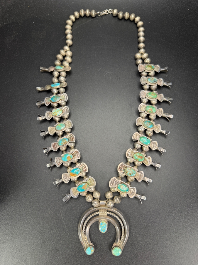 Antique Navajo Turquoise Sterling Silver Box Bow Squash Blossom Necklace 20'L 88.4g [Photo 11]