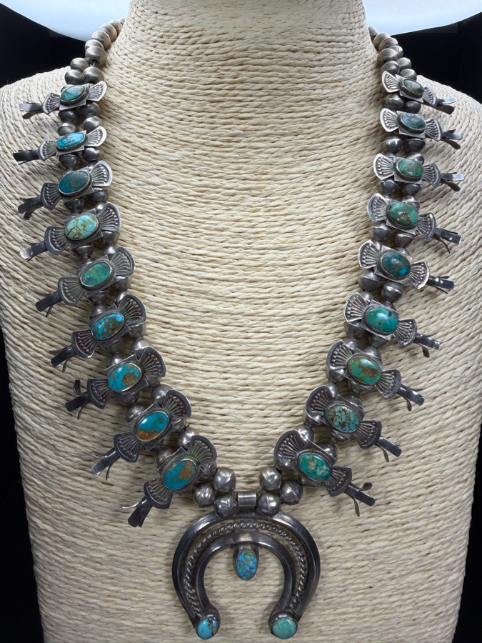 Antique Navajo Turquoise Sterling Silver Box Bow Squash Blossom Necklace 20'L 88.4g [Photo 3]