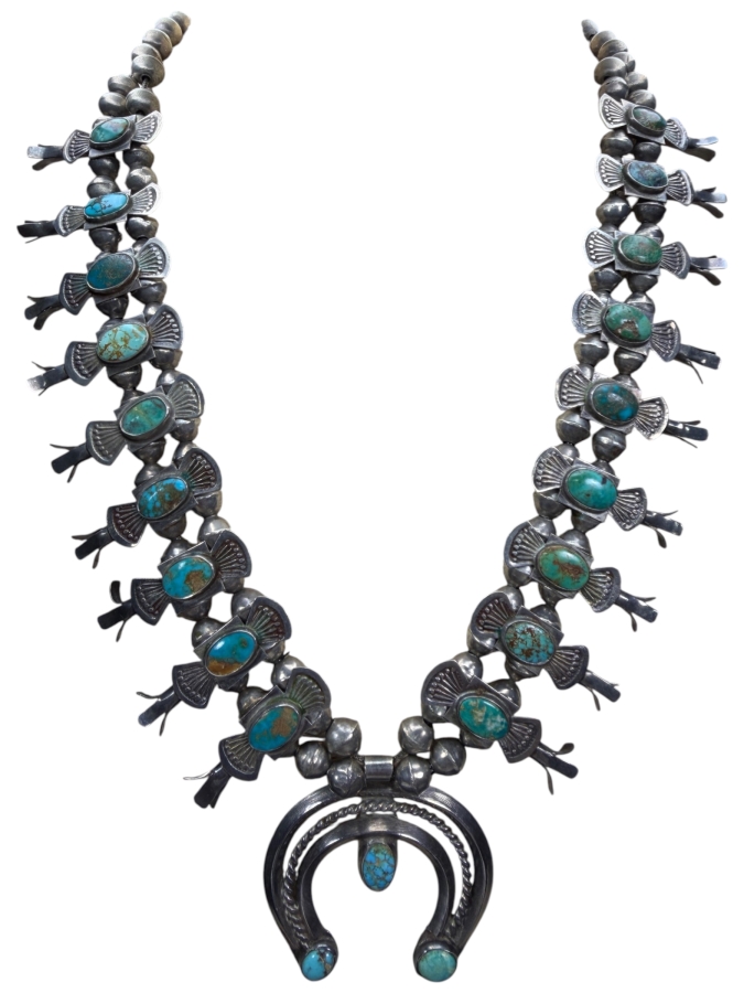 Antique Navajo Turquoise Sterling Silver Box Bow Squash Blossom Necklace 20'L 88.4g [Photo 2]