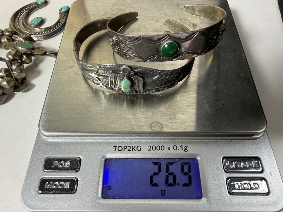 Two Vintage Native American Sterling Silver Cuff Bracelets Featuring Turquoise And Green Malachite 26.9g [Photo 7]