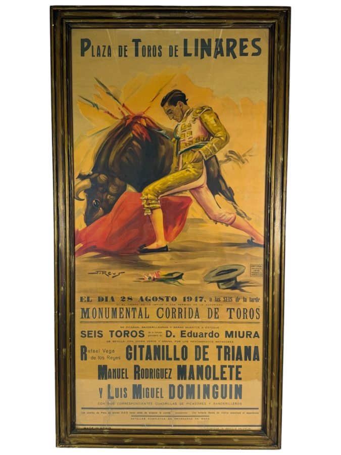Very Rare Original 1947 Spanish Bullfighting Lithograph Poster by Artist Juan Reus Advertising the Final Bullfight of the Legendary Matador Manuel Rodriguez Manolete Who Was Fatally Gored at this Event on August 28, 1947