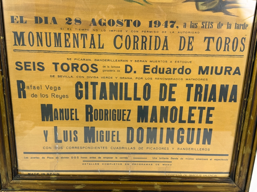 Very Rare Original 1947 Spanish Bullfighting Lithograph Poster by Artist Juan Reus Advertising the Final Bullfight of the Legendary Matador Manuel Rodriguez Manolete Who Was Fatally Gored at this Event on August 28, 1947 [Photo 4]