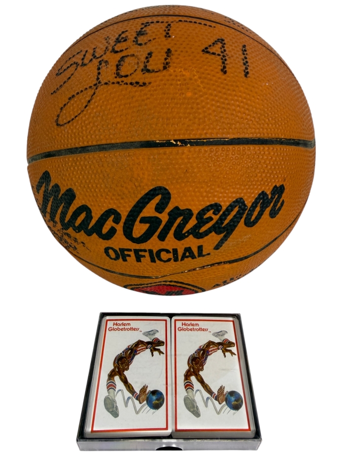 Vintage Harlem Globetrotters Signed Basketball and Playing Cards - See Photos for Signatures Including Fred 'Curly' Neal, 'Sweet Lou' Dunbar and Hubert 'Geese' Ausbie