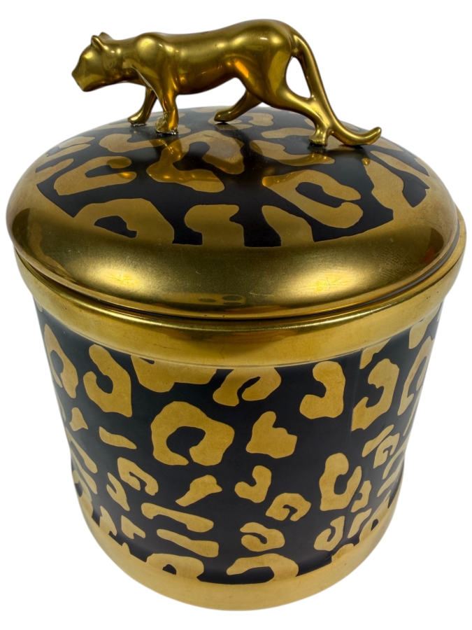  L'Objet Leopard Candle Featuring a Porcelain Design with 24K Gold Accents and a Gold-plated Leopard Finial 4.75H Retails $195