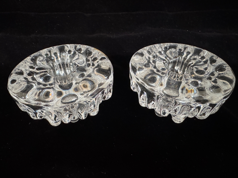 Viking Glass Mid-Century Modern Clear Textured Art Glass Fostoria Style Candle Holders - Set Of 2 3.5'W X 1.75'H [Photo 3]