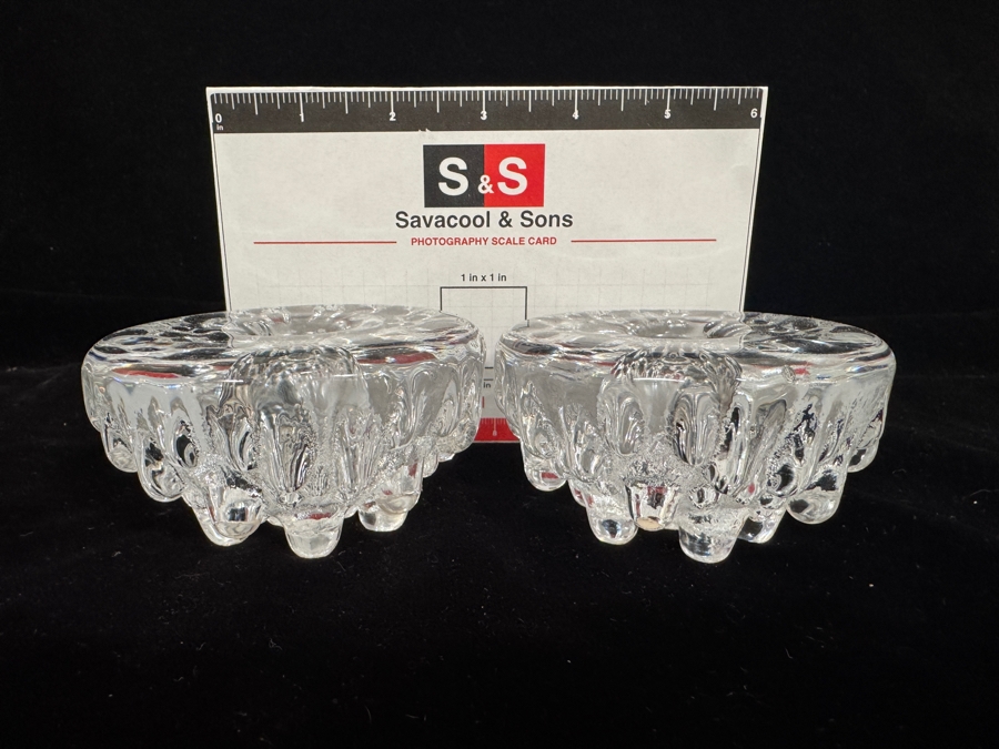 Viking Glass Mid-Century Modern Clear Textured Art Glass Fostoria Style Candle Holders - Set Of 2 3.5'W X 1.75'H [Photo 5]