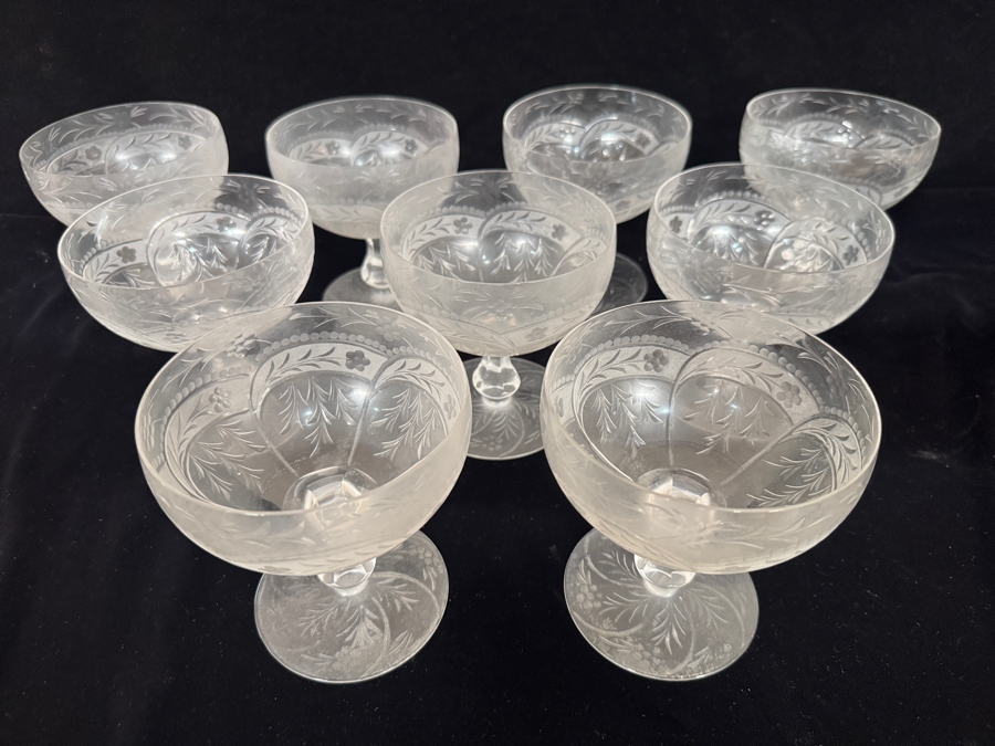 Set Of 9 Vintage French Chaumette Frosted Glass Pedestal Compote Dessert Bowls Featuring Etched Floral Leaf Vine Pattern 5'H [Photo 4]