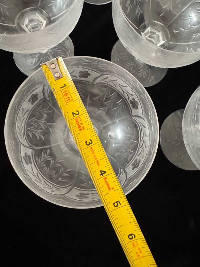 Set Of 9 Vintage French Chaumette Frosted Glass Pedestal Compote Dessert Bowls Featuring Etched Floral Leaf Vine Pattern 5'H [Photo 5]