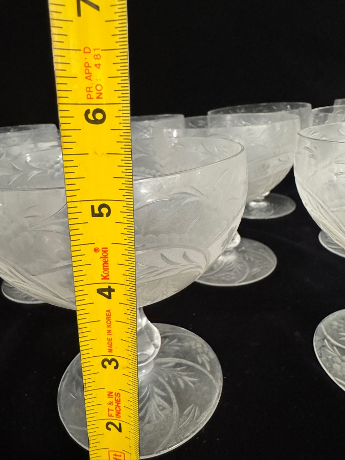 Set Of 9 Vintage French Chaumette Frosted Glass Pedestal Compote Dessert Bowls Featuring Etched Floral Leaf Vine Pattern 5'H [Photo 6]