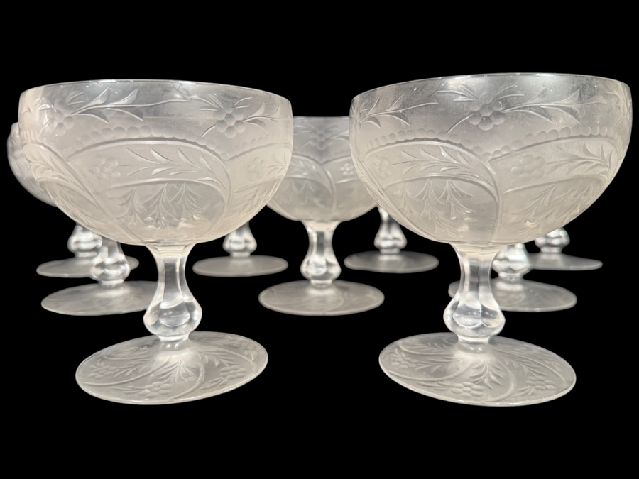 Set Of 9 Vintage French Chaumette Frosted Glass Pedestal Compote Dessert Bowls Featuring Etched Floral Leaf Vine Pattern 5'H