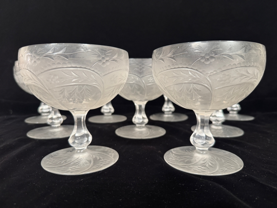 Set Of 9 Vintage French Chaumette Frosted Glass Pedestal Compote Dessert Bowls Featuring Etched Floral Leaf Vine Pattern 5'H [Photo 2]